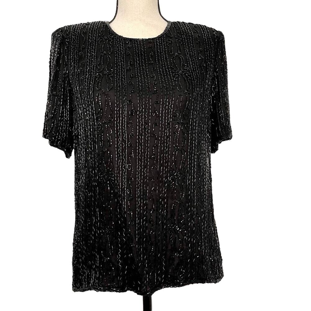 Vintage Cynthia Taylor Black Bead Short Sleeve Top Womens Size Small 2001 NWT